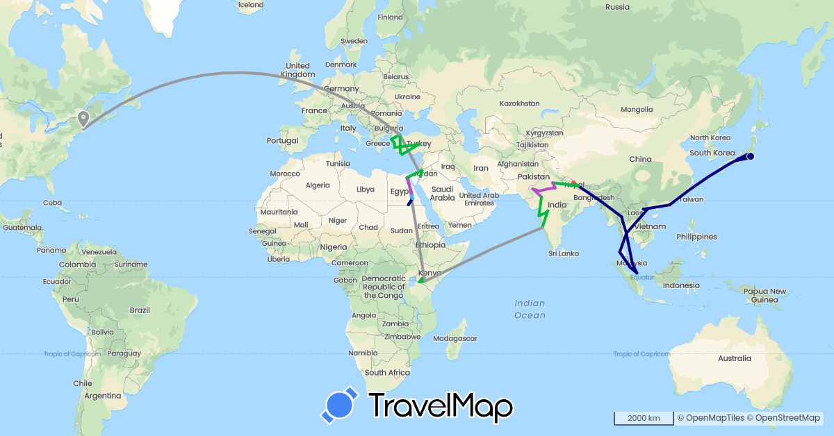 TravelMap itinerary: driving, bus, plane, train, hiking, boat in China, Egypt, Israel, India, Jordan, Japan, Kenya, Malaysia, Nepal, Singapore, Thailand, Turkey, United States, Vietnam (Africa, Asia, North America)